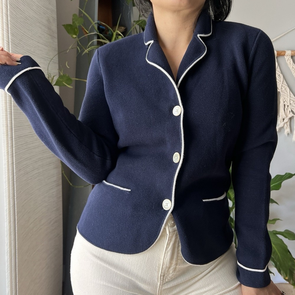 Lauren Ralph Lauren Knit sweater Blazer Navy white preppy academia medium cotton